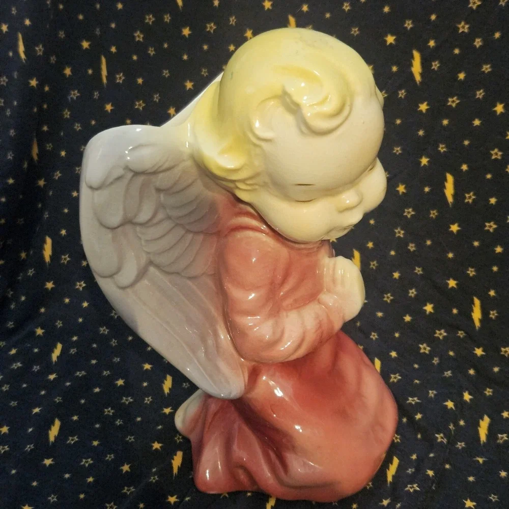 Vintage Pink‎ Praying Angel Wall Pocket Planter Vase Ceramic 8